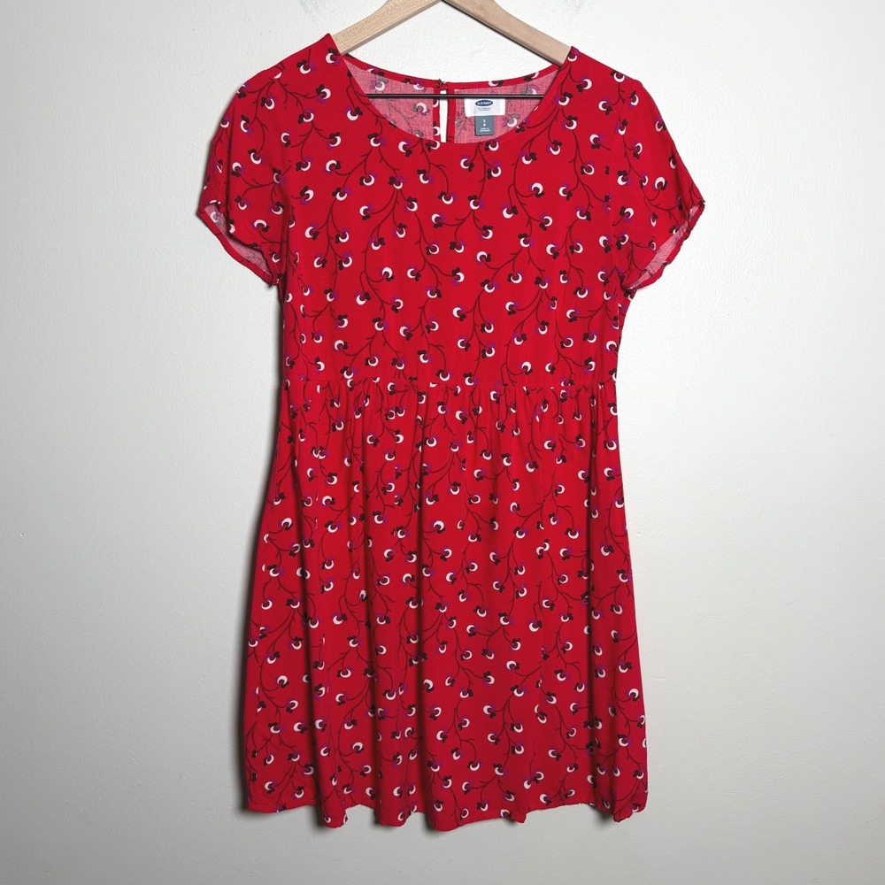 Old Navy Womens Woven Swing Dress S Red Floral Print Short Sleeve Boho Summer